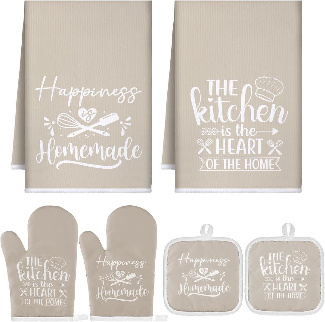 Sratte 6 Pcs Kitchen Decor Accessories Set Farmhouse Towels Pot Holders Oven Mitts Set 2 Dish Towels 2 Potholders 2 Cooking Mittens Oven Glove for Christmas Baking Cooking Supply(Beige,Kitchen)