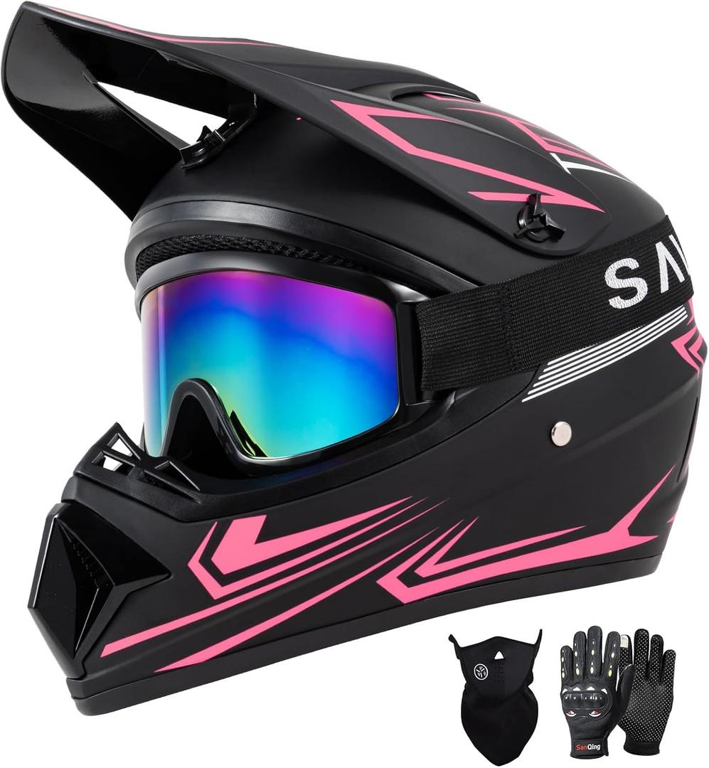 SPARK DOT Approved Youth Motocross Helmet Kids Dirt Bike Helmets - Full Face, Lightweight & Breathable for Off-Road E-Bike BMX MX ATV (with Gloves Goggles Mask) 4Pcs Set, Black Pink, Medium (57-58cm)