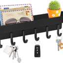 VIS'V Key Holder Wall Mount, Compact Adhesive Key Rack with Tray, 6 Hooks, 2 Mount Options, Black
