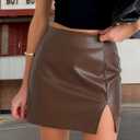 Amy Babe Faux Leather Mini Skirt Zip Back Side Slit PU High Waisted Y2k Slim Fitted Black Bodycon Short Skirts for Women (Brown, XL)