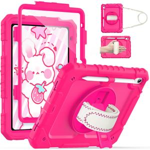 Cantis Case for iPad 11-inch (A16) 2025/ iPad 10th Generation 2022 (10.9 inch) with Screen Protector, 11th Case with 360 Degree Rotating Stand/Shoulder Strap/Pencil Holder, Hot Pink