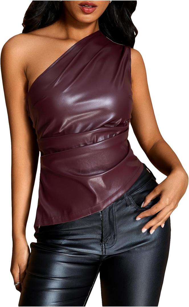 MakeMeChic Women's Faux Leather One Shoulder Sleeveless Y2k Tank Top Asymmetrical Ruched Tops (X-Small, Burgundy)