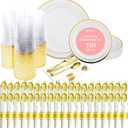Prestee 350-Piece Engagement Party Decorations Disposable Dinnerware Set for 50 Guests - Fancy Plastic Dinner Ware Sets with Plates, Cups, Forks, Knives, Spoons - White and Gold Dinnerware Set (350 Piece (50 guests), Gold)