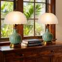 Ceramic Table lamp Set of 2, Modern Bedside Lamps Green Mid Century Vintage Desk Lamp Retro Glass Mushroom Traditional Lamp for Nightstand Living Room Bedroom Home Decor (S03GN-2PACK)