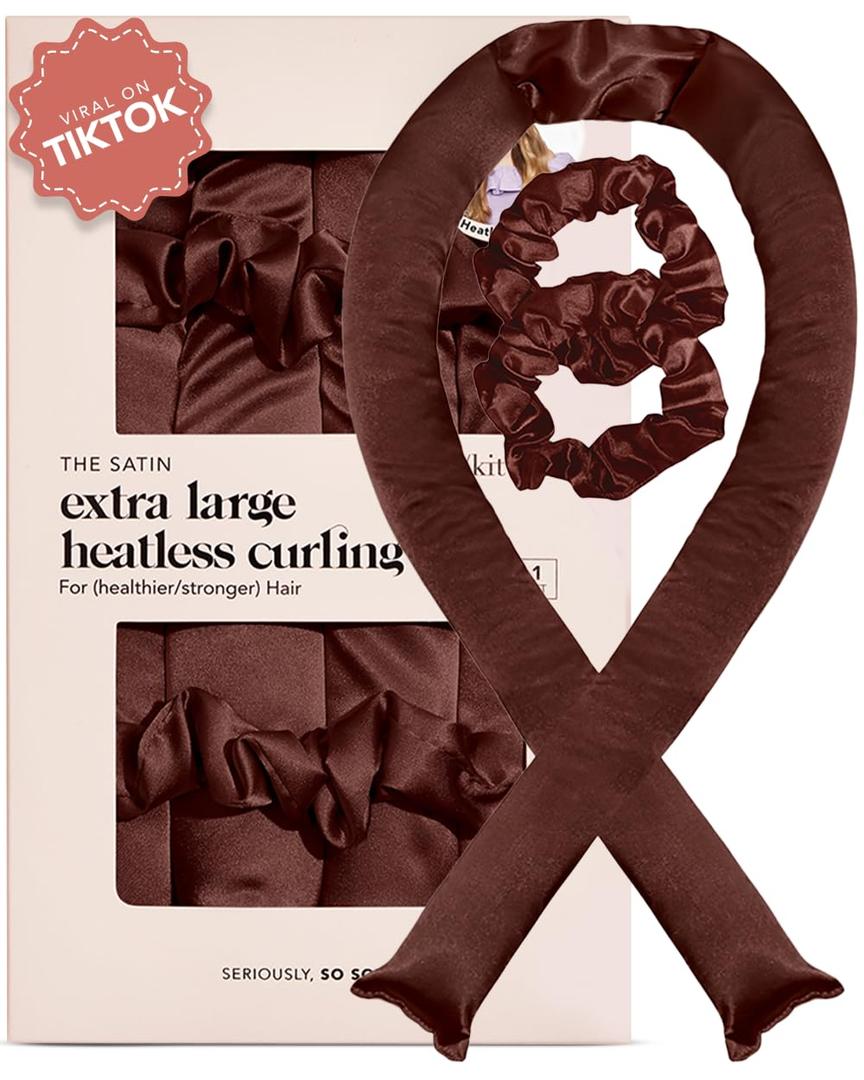 Kitsch XL Satin Heatless Hair Curler Set - Heatless Curls Overnight, Hair Rollers for Soft Curls & Frizz-Free Styling, No Heat Curlers To Sleep in, Jumbo Curling Rod Headband - Chocolate