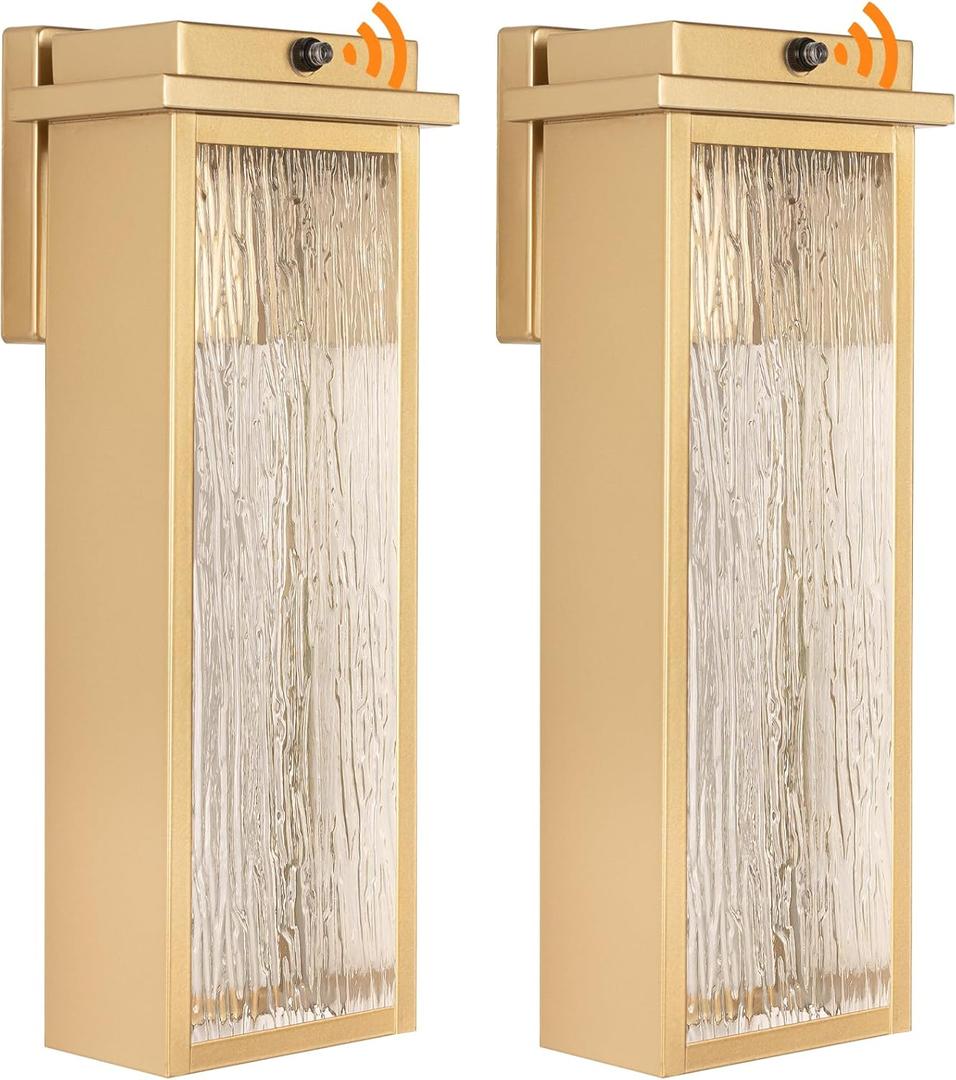 16" Dusk to Dawn LED Outdoor Light 2 Packs, Gold Outside Porch Lights Wall Mount, Large Exterior Lighting Fixtures with Rippled Glass, Waterproof Modern Wall Lantern for House, Patio