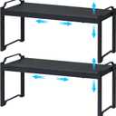 25.5 Inches 2 Pack Expandable Cabinet Shelves, Stackable Shelf Organizer for Kitchen Cabinet Countertop Storage, Adjustable Counter Cupboard Pantry Organizer Shelf Rack Stand Riser, Black