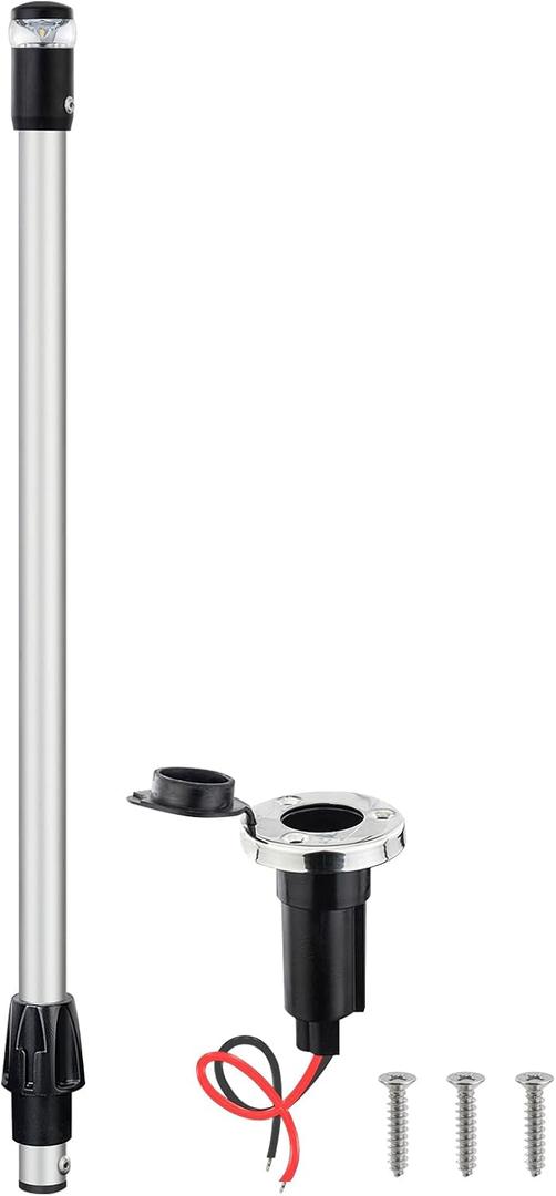 Marine LED Navigation Light, 360-Degree All Round Stern Anchor Light, Removable Pole with Base for Boats,Anti Oxidation Anode Aluminum Tube(Plug In Base, 24 Inchs)