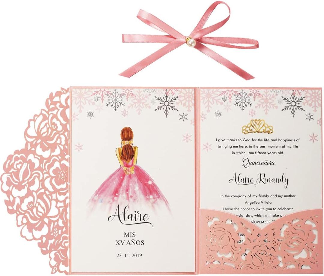 50PCS Pink Customized Quinceanera Invitation Cards with Envelopes 5x7.3 Inch Laser Cut Hollow Rose Pocket with Ribbon invitations for Quincenera Birthday Invite (50PCS Personalized printed)