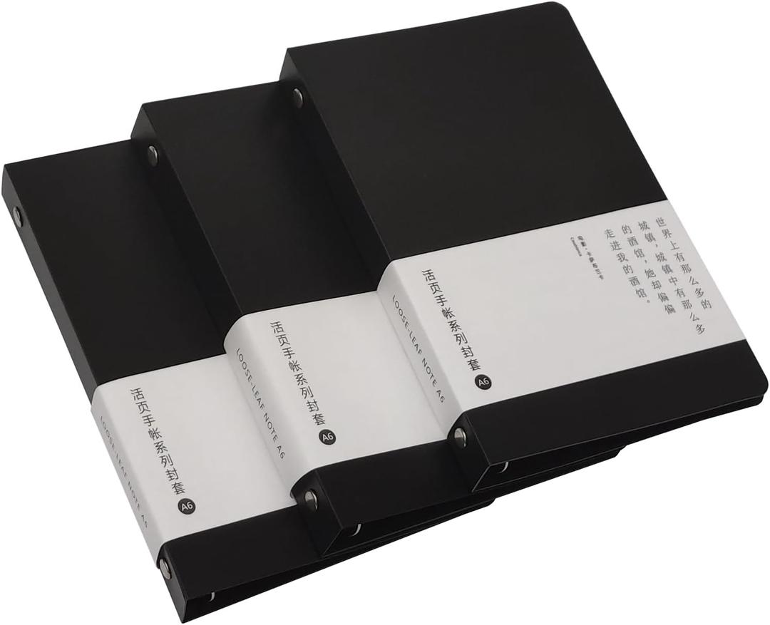 3-Pack Round Ring Binder Covers - 6-Ring & 9-Ring PVC - Refillable Notebook & Loose Leaf Binder Protector - A6 Black (3 Pack)