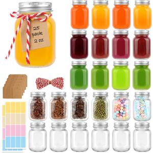 25 Pack 2 oz Mason Jars with Silver Lids, Mini Glass Jar for Ginger Shots, Small Juice Shot Container for Beverage Storage Candle Gifts Honey Jam Spices Wedding Party Favors