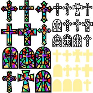 24 Sets Religious Cross Crafts DIY Window Stained Glass Effect Tissue Paper Christian Home Sunday Resurrection Church Craft Decoration Creative Activity Project Gift Favor