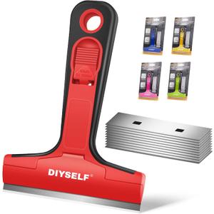 DIYSELF Razor Blade Scraper, 1 Pack Scraper Tool with 10pcs 4-Inch Blades, Razor Scraper for Cleaning Glass, Window, Stove Top, Oven, Kitchen, Cooktop, Shower Door, Sticky Residue, Tile, Wallpaper (Red)