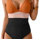 Aidonger Women's One Piece Color Block Swimsuit Tummy Control Slimming Bathing Suit V Neck Cutout High Waisted Swimwear M