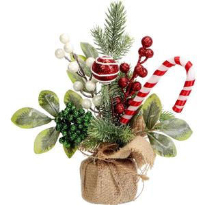 Christmas Tabletop Decorations, 25cm Artificial Christmas Tree Candy Cane Table Top Ornament with Realistic Berries and Leaves for Xmas Home or Office Decor (1, Red Green White)