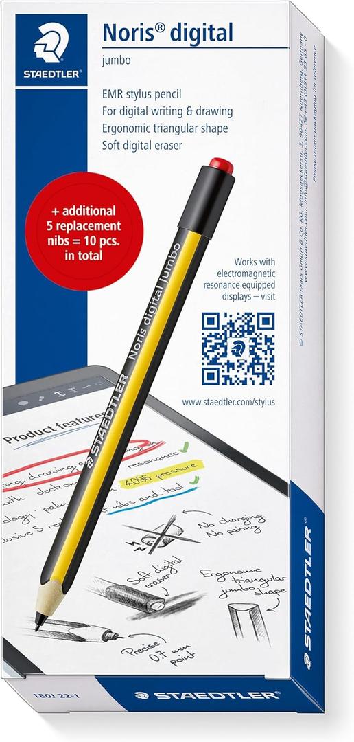 STAEDTLER Noris Digital Jumbo 180J 22 EMR Stylus Set, 1 Stylus with Digital Eraser, for Digital Writing, Drawing and Erasing on EMR Touch Screens + 5 Additional Replacement Tips, 180J 22-1X
