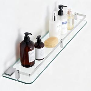 24 Inches Glass Shelf for Bathroom, Rectangular Tempered Glass Floating Shelves with Aluminium Rail and Aluminium Brackets, Shower Shelves for Storage, 1 Pack, 24 x 5.12 Inches