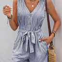 Sumtory Sleeveless Rompers for Women Summer Beach Romper Shorts Button Up V Neck Striped Linen Jumpsuit Navy S (S)