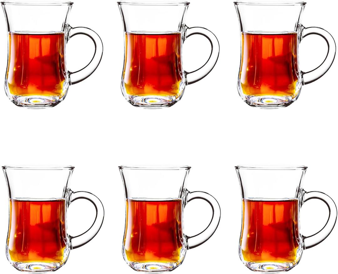 Turkish Tea Glasses With Handle - Tea Cups Set of 6 - Slim Waist Thick Sole Tea Glass for Hold Cold Drinks, 5 oz / 150ml (Clear)