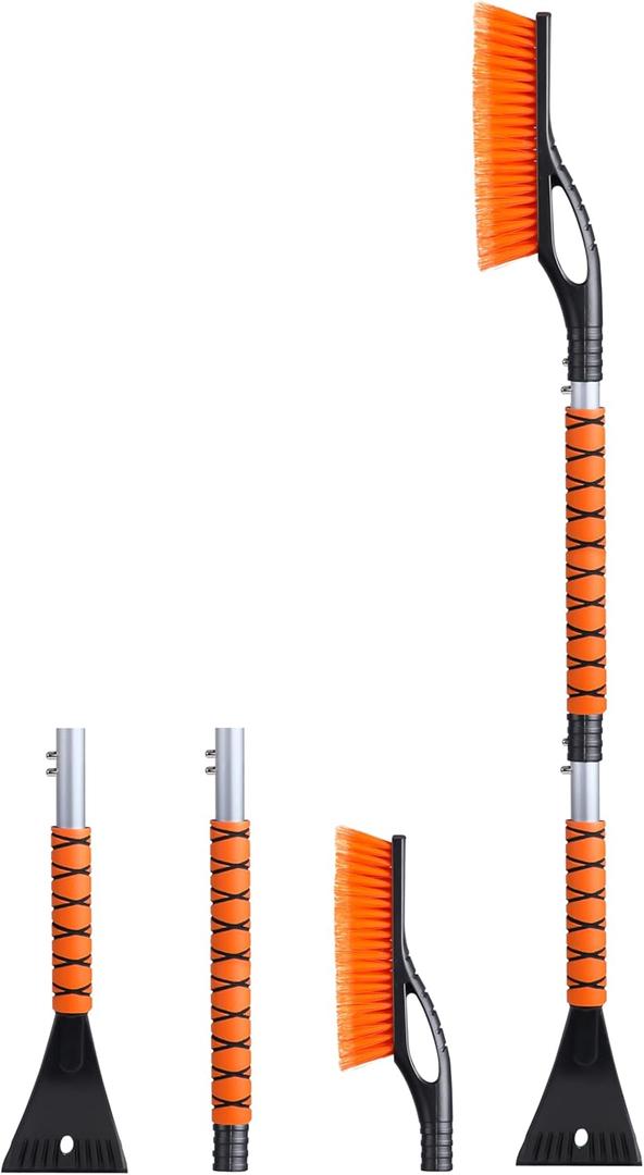 EcoNour 43" Ice Scrapers for Car Windshield | 3 Parts Detachable Telescopic Snow Brush for Car, Trucks, SUV | Long Snow Scraper with Brush | Car Winter Accessories (Orange)