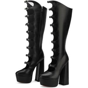FancyQueen Platform Boots Gothic Boots for Women, Knee High Chunky Platform Heels (6, Black-pu)