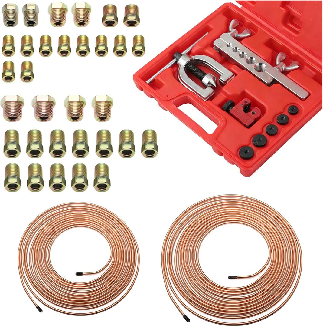 25Ft 1/4 & 3/16 Brake Line Kit,Copper Plated Brake Line Repair Kit Includes Single/Double Brakes Lines Flaring Tool Kits & 32 Inverted Fittings,Professional Brakes Lines Flare Tool Kits