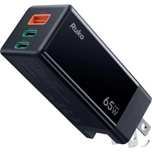 Ruko PD65W USB C Charger, 3-Port GaN Fast Charger Block, Compact Foldable Wall Charger for iPhone 17/16, MacBook Pro/Air, Galaxy S24, Pixel, Drone, Switch and More, Black