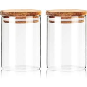 Labina Qtip Holder Glass Bathroom Organizer Storage Canisters with Wooden Lid, 10oz Jar for Cotton Balls Swabs Dispenser and Bathroom Essentials(2 Pack)