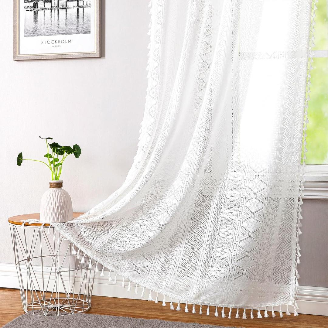 White Boho Linen Textured Tassel Sheer Lace Curtains, Chic Crochet Geometry Knitting Rod Pocket Window Drapes for Living Room Bedroom, 2 Panels,54" L x 40" W