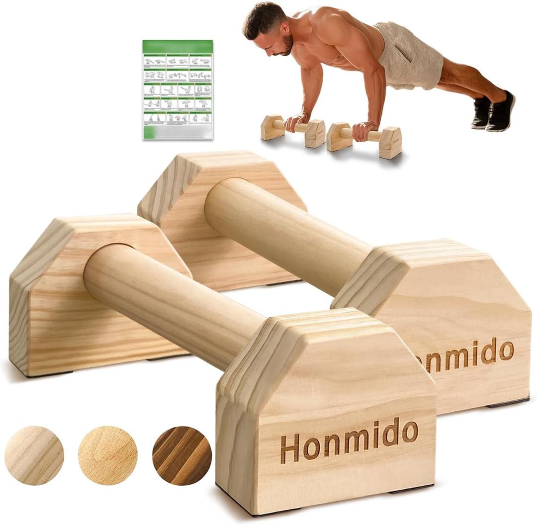 Wooden Parallettes 2 PCS Push Up Stand For Floor Calisthenics Bars Home, Handles Handstand Blocks Beech & Pine Wood Pushup Non-Slip Base Parallel Exercise Equipment For MenTrainers