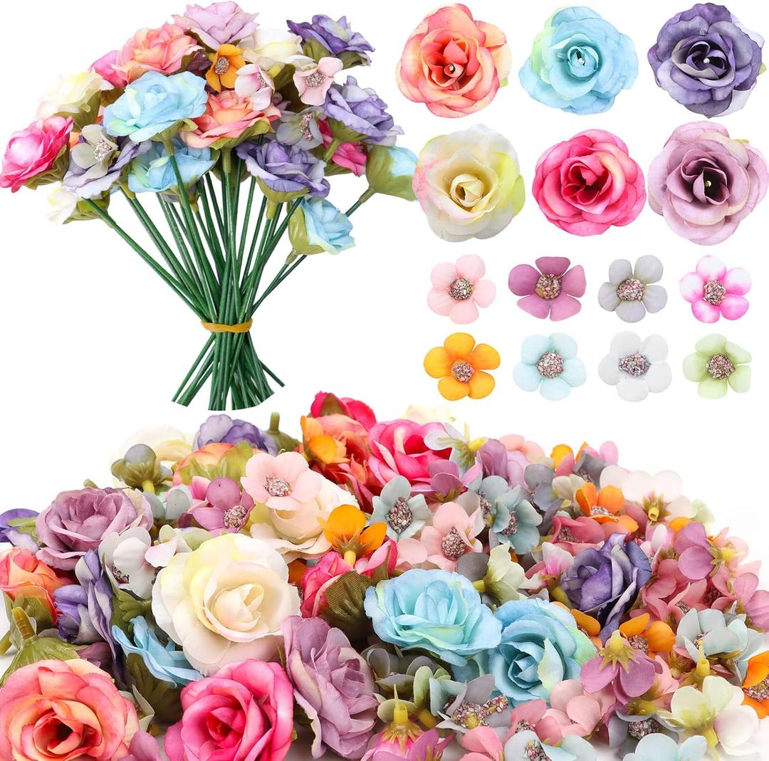 TBoxBo 220 Pieces Mini Flower Heads,Artificial Rose Flowers with Stems,Multicolor Daisy Roses Elegant Faux for Weddings, Bouquets Parties, Home Decorations (9j3s5w2yr25)