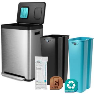 Home Zone Living 19 Gallon Kitchen Trash Can with Dual Compartments for Recycling, CleanAura Odor Control, Stainless Steel, Silver, 70 Liters Total, Gen 2