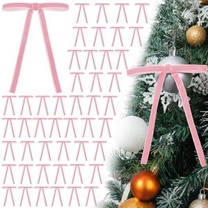 gisgfim 48 PCS Pink Velvet Bows for Christmas Tree 5 x 7 Inch Rustic Velvet Staircase Wreath Bows Pre-Tied Ribbon Crafts Gift Bow for Xmas Topper Garland Ornament Home Door Indoor Outdoor Decorations