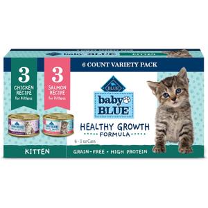 Blue Buffalo Baby Blue Natural Kitten Wet Cat Food Pat Variety Pack, Healthy Growth Formula with DHA, High-Protein & Grain-Free, Chicken and Salmon Recipes, 3-oz Cans (6 Count, 3 of Each) (EXP 03/13/28)