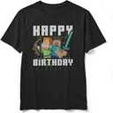 Boy's Minecraft Happy Birthday Steve and Alex T-Shirt (XS, Black)