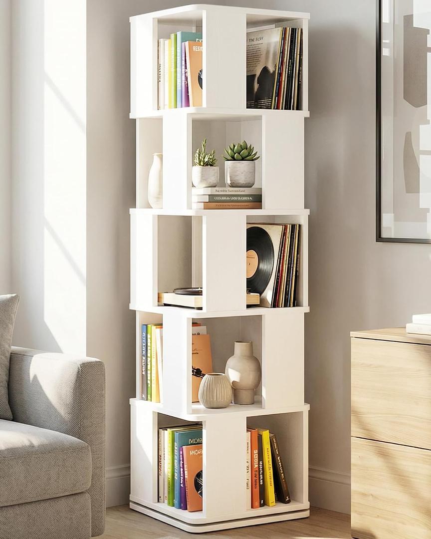 5-Tier Rotating Bookshelf Tower, 360 Square Spinning Book Shelf | Floor Standing Revolving Bookcase, Stable Display Corner Book Shelf for Living Room, Bedroom, Home Office, White