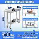 Stainless Steel Work Table with 4 Wheels 30 x 12 x 34 Inch Adjustable Metal Commercial Prep Workstation 2-Tier Heavy Duty Mobile Work Station Suitable for Kitchen Restaurant Hotel Garage