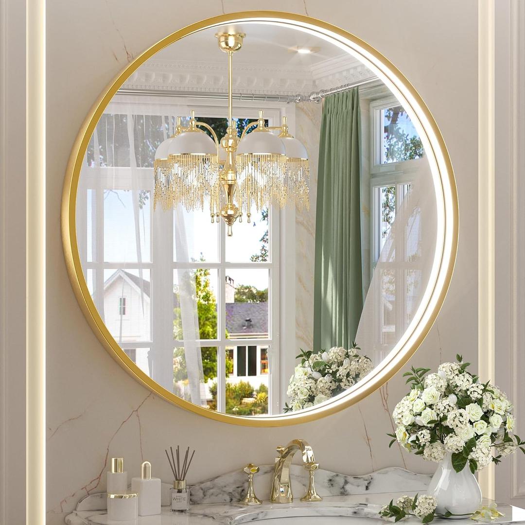 Keonjinn 32 Round LED Mirror for Bathroom with Lights, 3 Color Lights Gold Metal Framed Frontlit, Circular Wall Vanity Mirror Dimmable Makeup Mirror Anti Fog UL Listed CRI90