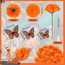 105 PCS Artificial Marigold Flowers with 12 Orange Monarch Butterflies Decor, 3.5 Inch Silk Dia de Los Muertos Flowers for Altars, DIY Fiesta, Halloween, Diwali Bulk Orange Mexican Flowers
