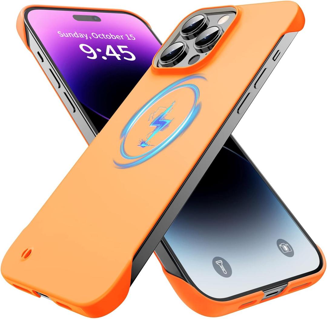 GRECAZO Magnetic Slim Case Fit for iPhone 14 Pro Max Phone Case 6.7"(2022) Ultra-Thin Lightweight Durable Frameless Matte Hard MagSafe Cover Case with Pull Ring Shockproof Non Slip Rope-Orange