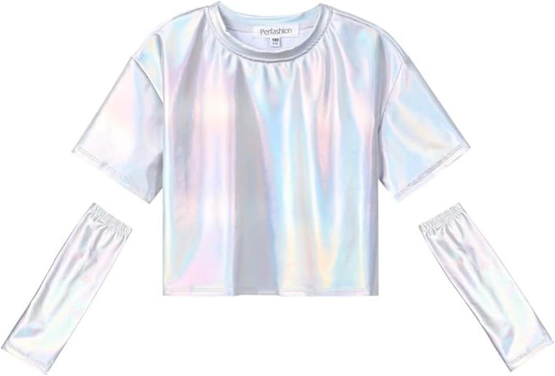 Perfashion Girls Metallic Shirts with Arm Sleeves, Shiny Crop Top for Dancing, Raves, Festivals, Costumes 12-13 Years