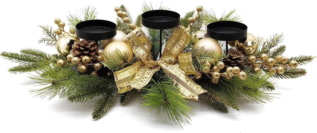 Gold Glittery Christmas Candle Centerpiece with Berries and Pinecones - 27.5 Inch