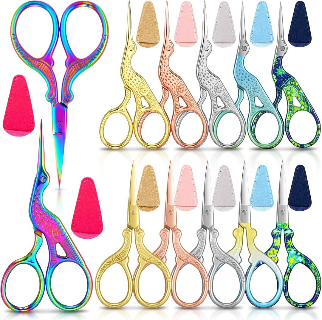 Lasnten 24 Pcs Sewing Embroidery Scissors With Artificial Leather Cover - Stainless Steel Rainbow Stork Small Vintage Craft Scissors for Needlework, Manual Handicraft - Portable DIY Sewing Tool
