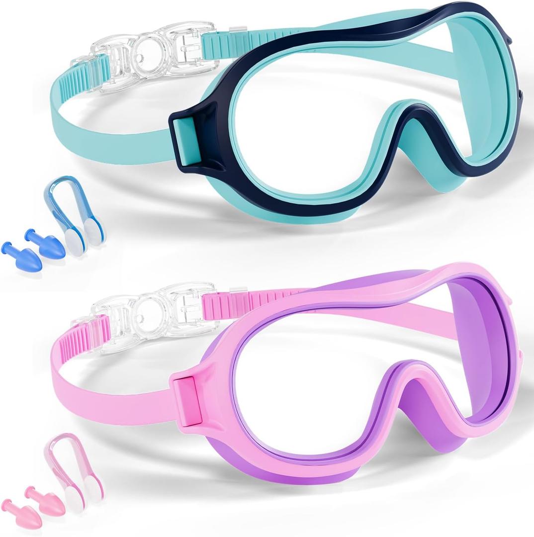 Aegend 2 Pack Swim goggles for Kids 3-15, Anti-Fog Anti-UV Wide Vision Waterproof, No leak Swimming goggles for Boys Girls (Cyan-blue & Purple Pink)