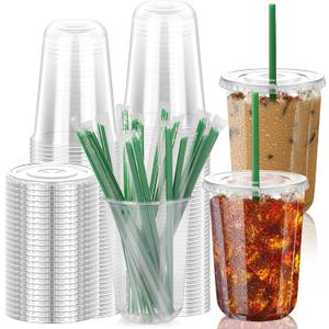 GGOLDMER 50 Set Clear Plastic Cups with Lids and Straws, 16oz Disposable Plastic Iced Coffee Cups with Lids Round Bottom for Coffee, Juice, Cold Drinks, Iced Latte
