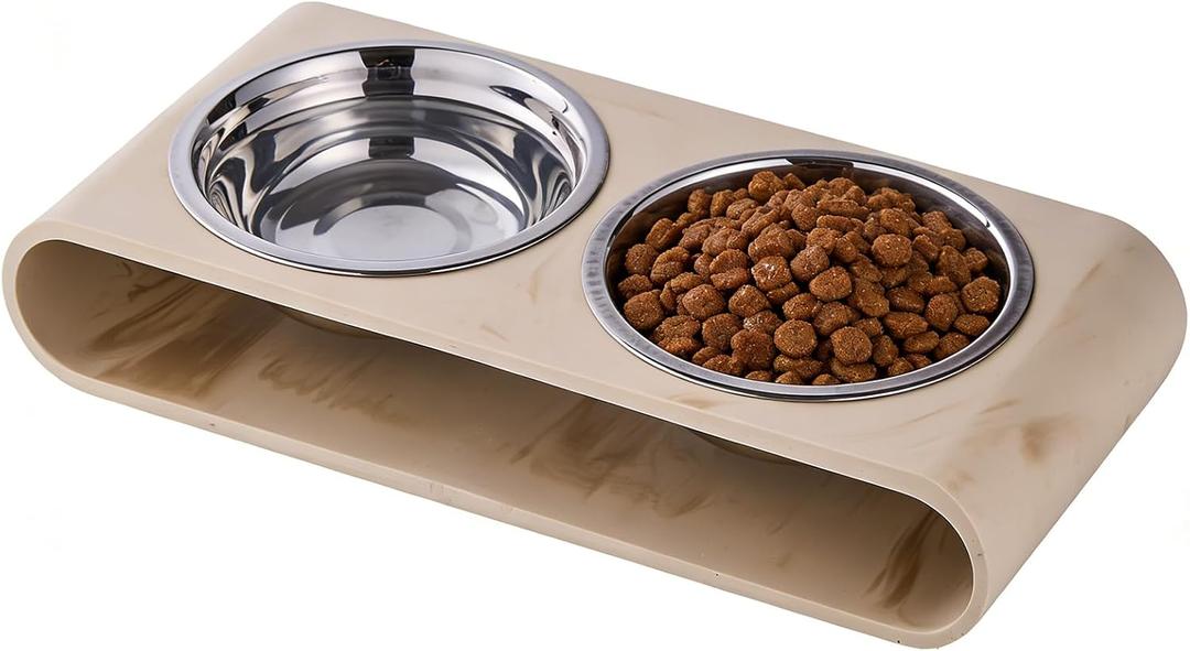 Beige Marble Elevated Dog Bowls Set - 2 Thick 6" Stainless Steel Puppy Food Bowl with Non-Slip Raised Holder Stand, Double Feeding Bowls for Food and Water, Suitable for Cats and Small Medium Pet