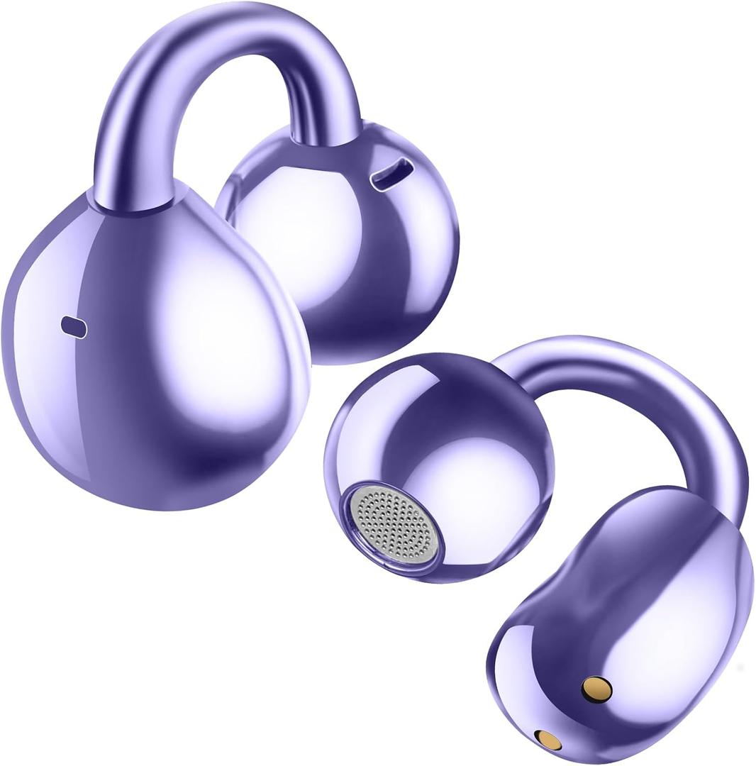 Ultra Open Ear Headphones Bluetooth 5.4 Wireless Clip On Earbuds with Digital Display Charging Case 60 Hours Playtime Sport Earphones Built-in Mic IPX7 Waterproof for Running Fitness Purple-1