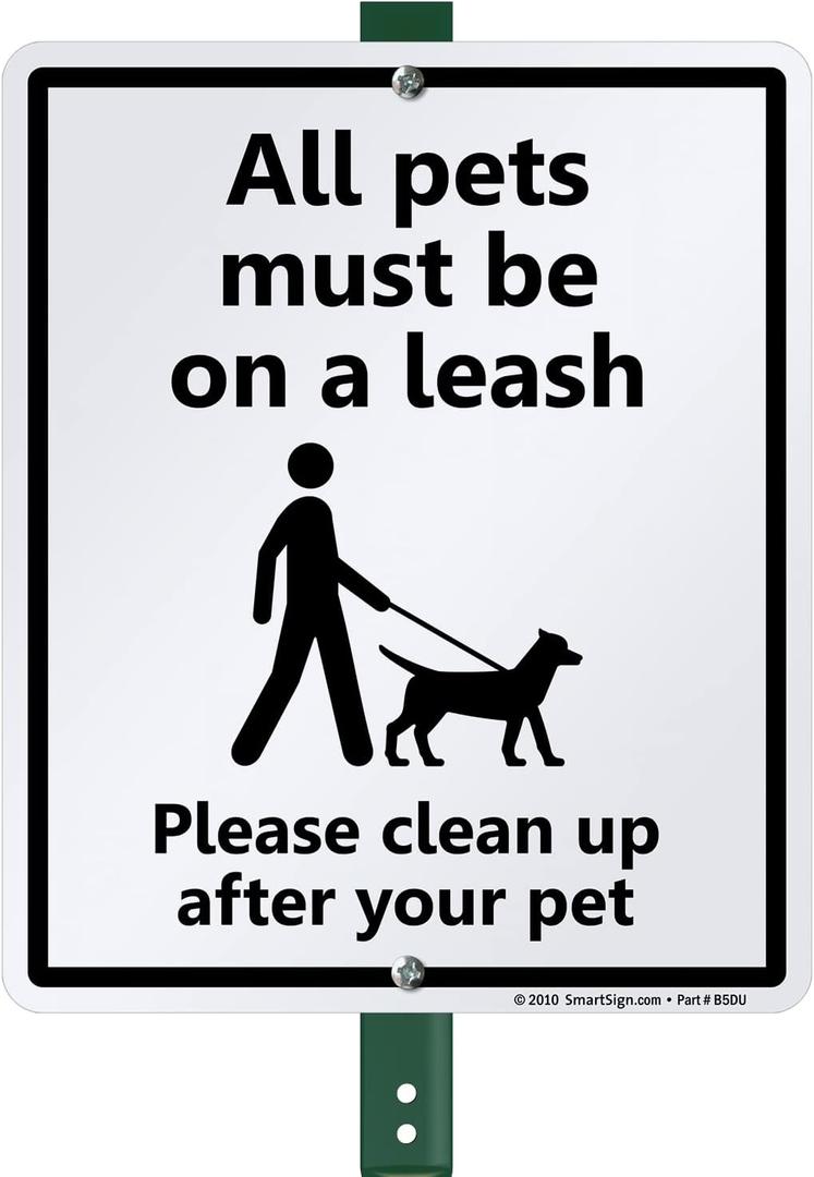 SmartSign 12 x 10 inch All Pets Must Be On A Leash - Please Clean Up After Your Pet Yard Sign with 3 foot Stake, 40 mil Laminated Rustproof Aluminum, Black and White, Set of 1
