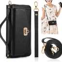 Crossbody Wallet Case for Samsung Galaxy S24 Ultra, Magnetic Detachable Floral PU Leather Phone Case RFID Blocking Card Holder Wristlet Mirror Flip Zipper Shoulder Purse for Women, Black B