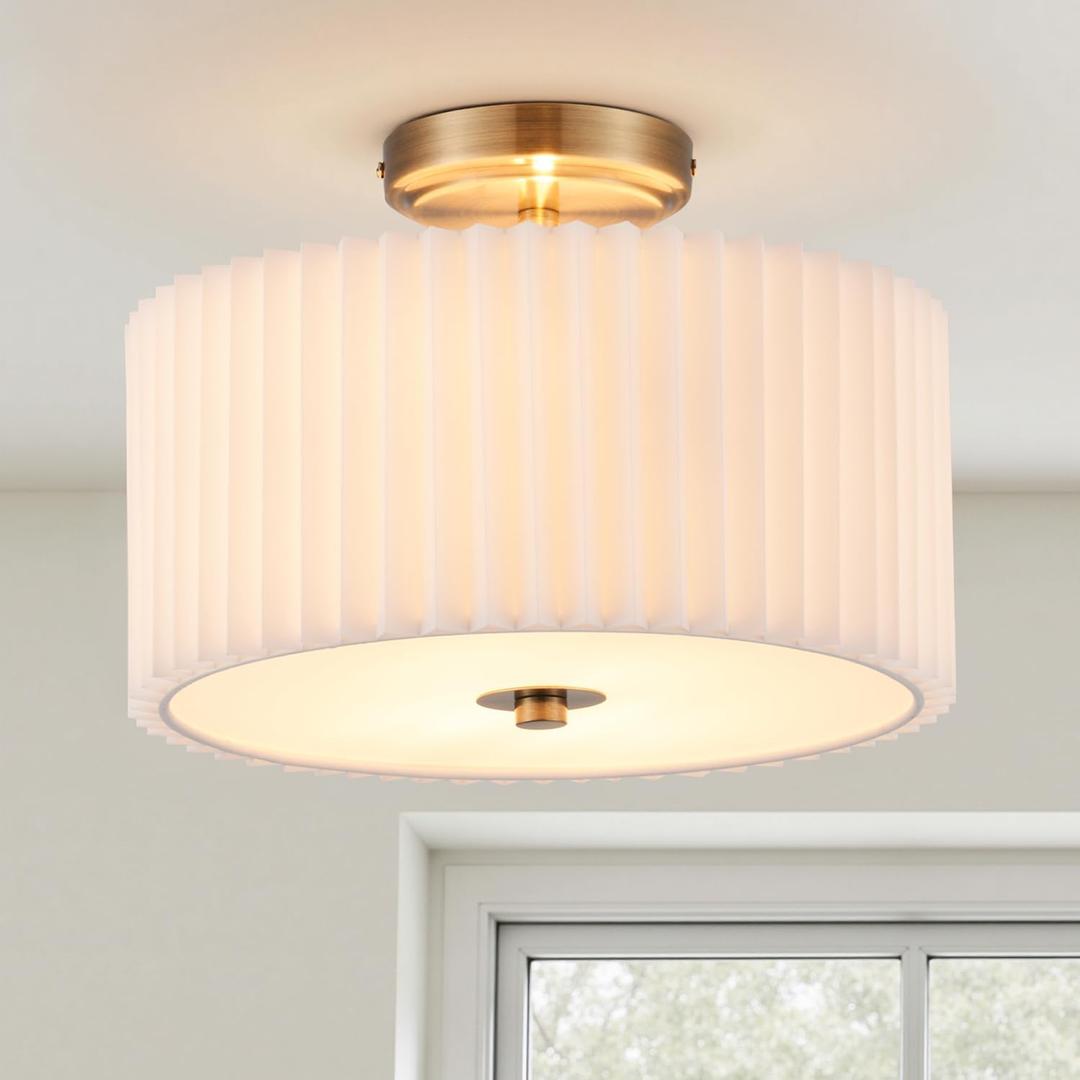 VONLUCE 12.2" Semi Flush Mount Ceiling Light, 2-Light Modern Ceiling Lights with Pleated White Shade, E26 Bulb Compatible, Ideal Light for Bedroom, Living Room, Nursery, Hallway, Bronze Finish